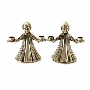 Pair Silverplate Angel Choir Boy Candle Holders Vintage Holiday Christmas Decor